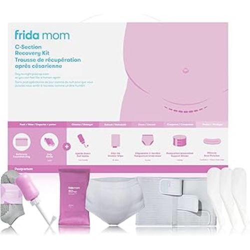 Frida Mom C-Section Recovery Must Have Kit for Labor, Delivery, & Postpartum, Socks, Peri Bottle, Disposable Underwear, Abdominal Support Binder, Shower Wipes, Silicone Scar Patches, & Toiletry Bag