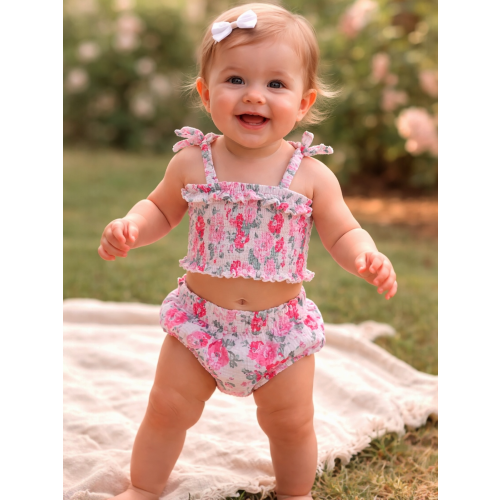 Muslin Smocked Ruffle Top & Bloomer, Pink Splendor