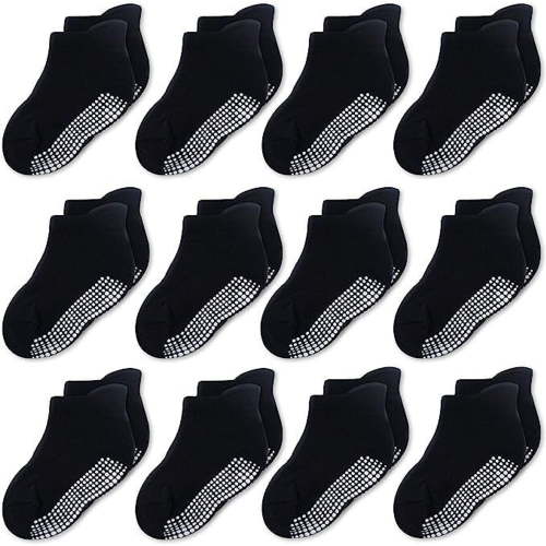 CozyWay Baby & Toddler Non-Slip Socks - Non-Slip Dotted Gripper Sole - Toddler Socks with Grippers - 0-6 Months, Black, 12 Pack