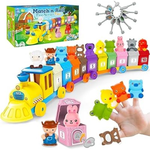 BOLZRA Farm Animals Train Toy for Toddlers 1 2 3 4 Years Old, Counting, Matching, Sorting Montessori Learning Toy with 11 Finger Puppets, Keys, Barns, Educational Christmas Birthday Gift for Kids
