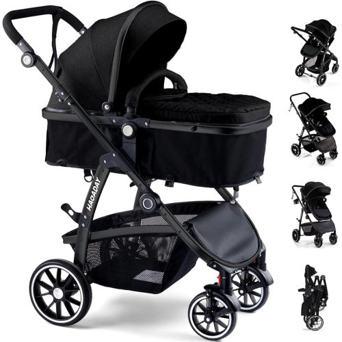 Baby Stroller, 2-in-1 Reversible Toddler Seat with Lie-Flat Mode, Foldable Infant Stroller with Canopy, One Button Brake, Adjustable Handle, Newborn Pushchair (Black B)