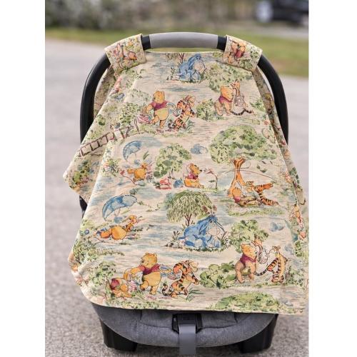 Custom Baby car seat canopy made from Winnie the Pooh fabric with matching seat strap covers