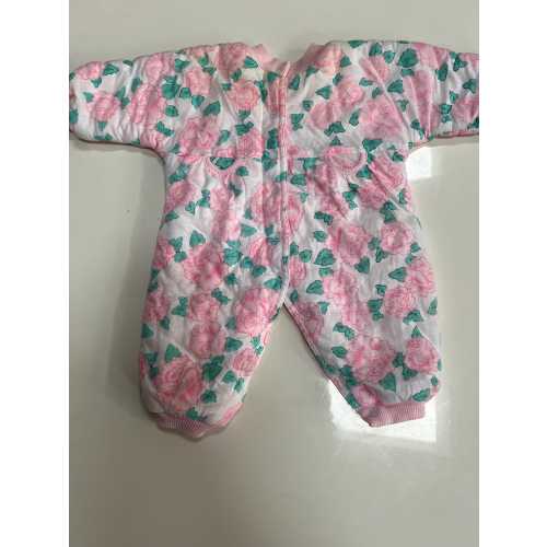 Vintage 90s Baby Girl Warm Winter Romper with Pastel Pink Rose Print and Mint Green Leafery Footless Quilted Warm Bundle Romper Winter Baby