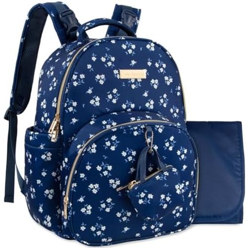 Baby Essentials Neoprene Diaper Bag Backpack for Newborns, Infants, Toddlers (Matching Changing Pad, Pacifier Pouch, Insulated Bottle Pockets, Strollers Straps) Navy Blue Floral