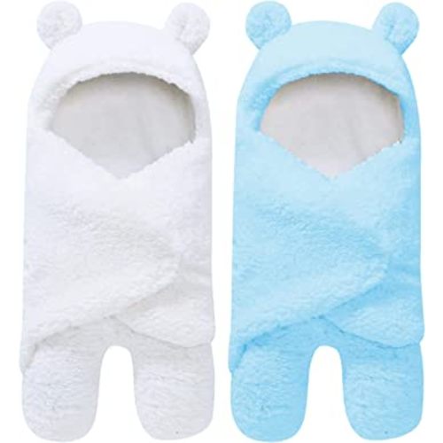 2 Pack Ultra Warm Sherpa Plush Baby Swaddle Wrap - Newborn Essentials - 0-6 Months - Aquamarine and White