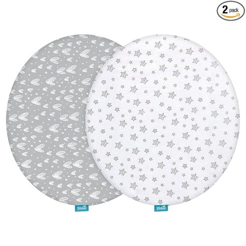 Bassinet Sheets Compatible with Fisher-Price On-The-Go Baby Dome, 2 Pack, 100% Jersey Knit Cotton Fitted Sheets, Breathable and Heavenly Soft, Grey Hearts and White Stars Print for Baby