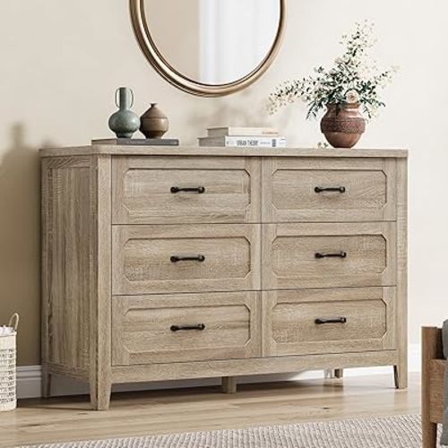 Farmhouse 6 Drawer Dresser for Bedroom, 48'' Wide Chest of Drawers with Metal Handles, Wood Dresser TV Stand, Rustic Storage Organizer for Closet, Living Room, Grey Oak