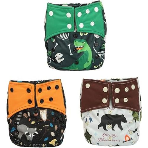 AIll in One Night AIO Cloth Diaper Nappy Sewn in Insert Reusable Washable Boys (Dinosaur Bear Racoon)