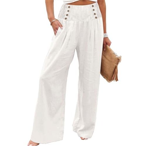 Womens Casual High Waisted Wide Leg Palazzo Pants with Pockets | Lounge Boho Flowy, elastic smocked waist, suitable for beach, vacation, cruise, travel, brunch, shopping, maternity, yoga
