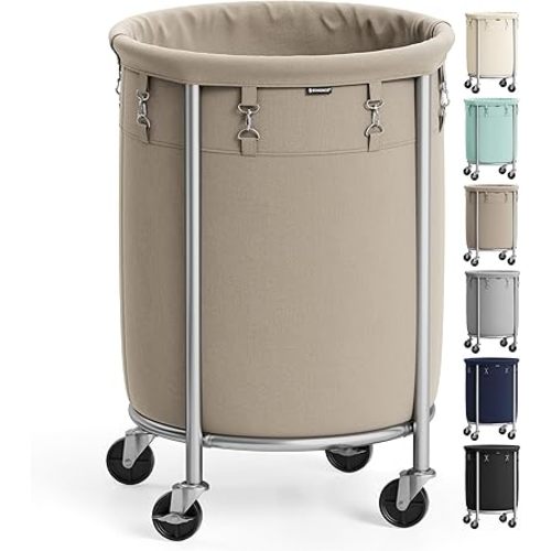 SONGMICS 29-Gallon (110 L) Laundry Basket with Wheels, Rolling Round Heavy-Duty Laundry Hamper Cart with Steel Frame and Removable Bag, 2 Locking Wheels, Camel Brown and Metallic Silver URLS002N01