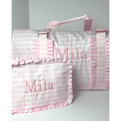 Monogrammed Pink Gingham Duffle Bag and Toiletry Set, Ruffle Trim