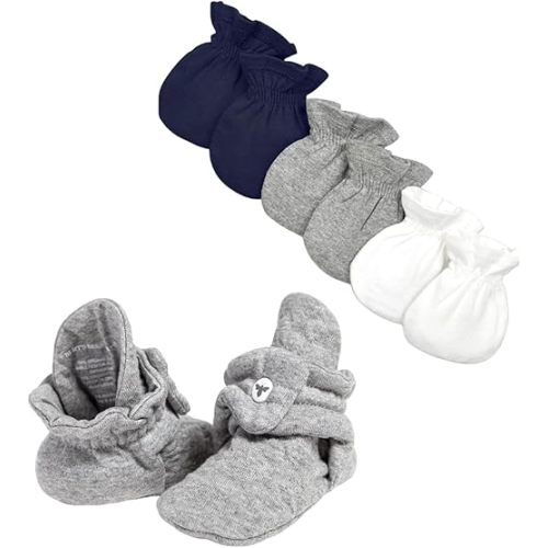 Burt's Bees Baby Bundle Baby Essentials – Quilted Bee Booties Heather Grey (3-6 Months) + 3-Pack Solid Mitts Midnight (One Size), Organic Cotton Baby Essentials for Warmth & Comfort