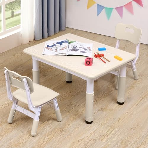 CuFun Adjustable Kids Table & Chairs Set for Ages 3-8 | 31.5"x23.6" Easy-Clean Activity Table | Meets ASTM/CPSC Standards for Daycare, Homeschool & Playroom (Natural-Wood, 2 Chairs)