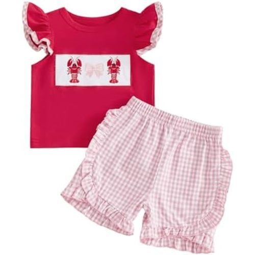 Infant Toddler Baby Girl Summer Outfit Bow Crawfish Embroidery Ruffle Short Sleeve T-Shirt Top and Plaid Shorts Set