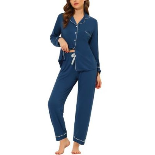 cheibear Women's Long Sleeves Button Down Top with Pants Lounge Pajamas Set