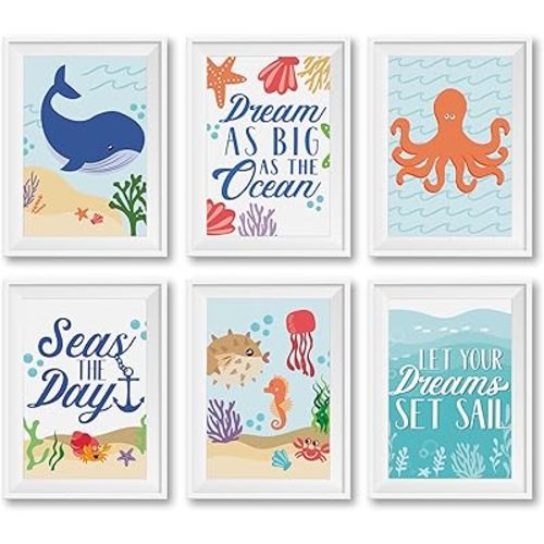 Hadley Designs 6 Ocean Wall Decor - Beach Room Decor for Toddlers, Seahorse and Whale Pictures Wall Decors for Kids, Reversible Unframed Ocean Art for Kids Bedroom, Made in USA