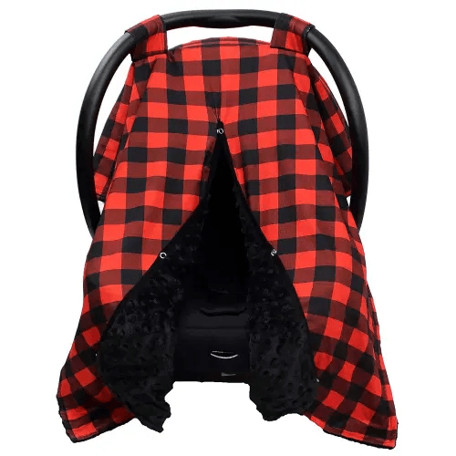 Dear Baby Gear Car Seat Canopy - Unisex Infant Car Seat Cover - Soft and Breathable Fabric - Fits Most Carseats - Perfect Lumberjack Red Black Plaid/Black Dot - 40"x30"