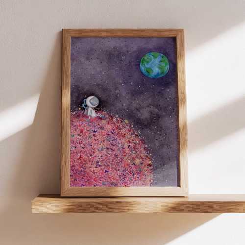 Girl Astronaut Sitting on Flower Moon | Watercolor Celestial Nursery Art Print | Quirky Astronaut Decor | Space Art Children's Illustration