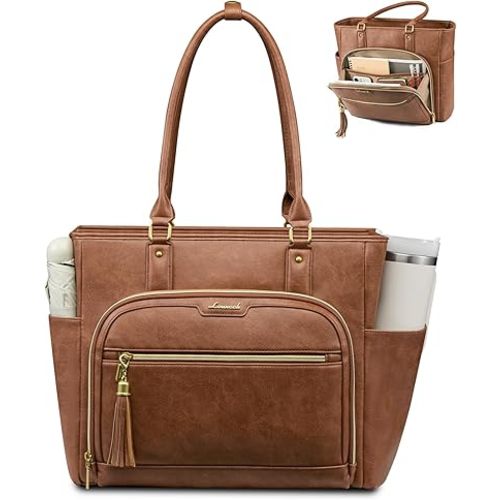 LOVEVOOK Laptop Tote Bag for Women Work, Vintage Leather Teacher Nurse Bag with Large Cup Holder, Bible Handbag Purse GIfs, Waterproof Professional Computer Briefcase for Business Office, 17 Inch