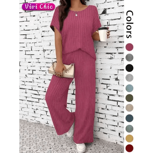 Women's Solid Ribbed Drop Shoulder Tee & Wide Leg Pants Two-piece | Black Friday Sale TikTok Shop