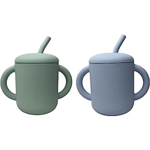 Jane and Kate - 2 Pack, 100% Food Grade Silicone Training Cup and Straw | 6 Months Plus, 5oz, 150 mL, Spill Proof (Green and Blue)