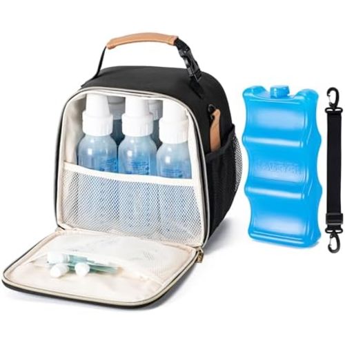 Baby Bottle Cooler Bag with Ice Pack, Breastmilk Cooler Bag Fits 6 Baby Bottle Up to 9 Oz, Insulated Bottle Bag with Should Straps for Travel & Work, Black