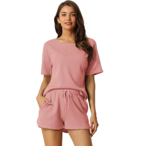 cheibear Women's Waffle Knit Casual Pullover Short Sleeve Tops with Shorts Lounge Pajama Sets