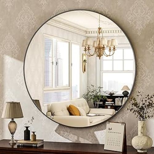 HARRITPURE Round Mirror 24 Black Wall Mounted Circle Mirrors Vanity Mirror with Brushed Aluminum Alloy Frame Modern Decoration for Bathroom, Living Room, Vanity, Bedroom, Entryway