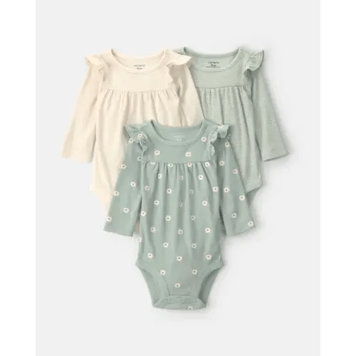 Baby Girl 3-Pack Bear Long-Sleeve Multipack Bodysuits - Cream/Green | Carter's