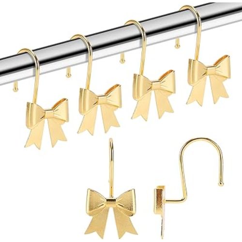 Bow Shower Curtain Hooks, 12 Pack Metal Decorative Rings, Rustproof Bow Knot Design for Bathroom Bedroom Living Room Baby Room Nursery Art Decor (Gold 1)