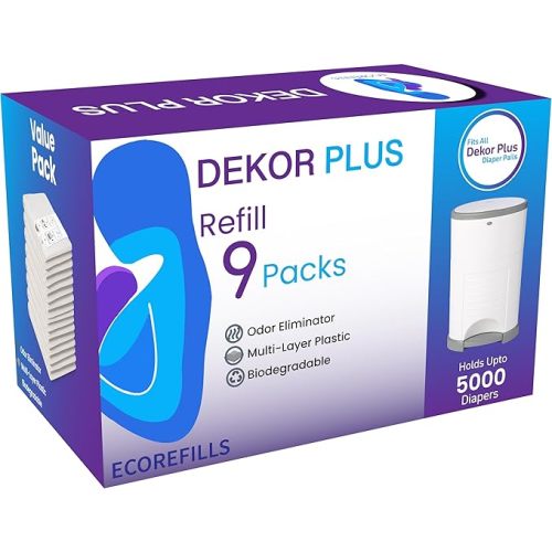 ECO-REFILLS Diaper Pail Refills - Fits Dekor PLUS Extra Thick, Powerful Odor Elimination & Fresh Powder Scent | Easy to Replace and Dispose of Diaper Bag 9 Count (Pack of 1)