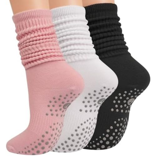 Pilates Socks with Grips for Women, Yoga Barre Slouch Socks 3 Pairs