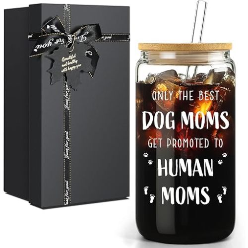 New Mom Gifts for Pregnant Women, 16oz Drinking Glass Cup with Lid and Straw, Funny Dog Mom Pregnancy Gift for Expecting Mom, Mother to be - Postpartum, Mothers Day, Birthday Gifts for First Time Moms