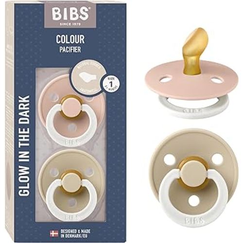 BIBS Pacifiers 0-6 Months | 2-Pack Soothers | Anatomical Nipple | BPA-Free Natural Rubber | Made in Denmark | Blush Glow/Vanilla Glow Colour Pacifier