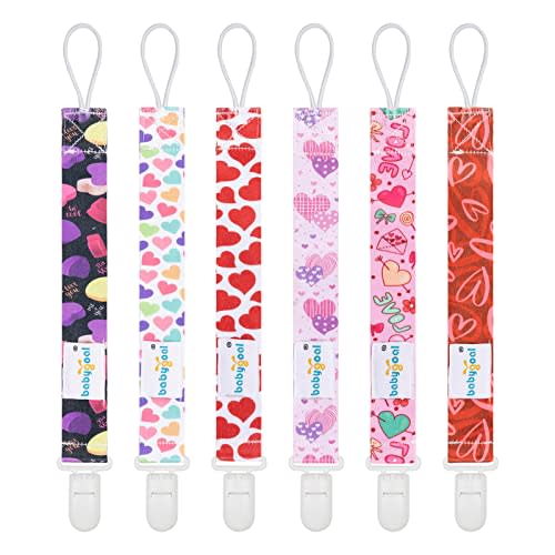 Babygoal Heart Pacifier Clips, 6 Pack Binky Paci Holder and Leash for Boys and Girls Fits for Most Pacifier, Binkie Styles & Baby Teethers & Toys and Valentine's Day Gift 6PB24