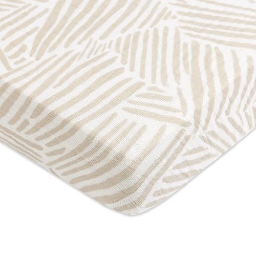 Babyletto 100% Organic Cotton Mini Crib Sheet, GOTS-Certified, Fitted 360°, Ultra-Soft and Breathable Muslin - Oat Stripe