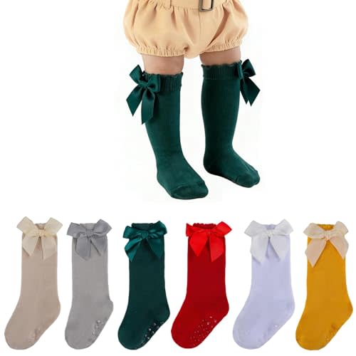 Baby Knee High Socks 6 Pairs Toddler Infant Newborn Non Slip Cotton Bow Ruffle Dress Socks for Baby Girls 0-3T