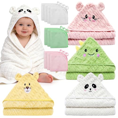 14 PCS Baby Bath Towels Set for Girls, 4 PCS Animal Hooded Towels & 10 PCS Washcloths, Ultra Soft & Absorbent Newborn Infant Toddler Towels in Pink Green Yellow White