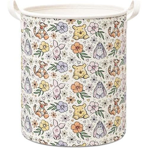 Classic Bear & Floral Storage Basket, Foldable Canvas Laundry Basket With Waterproof PE Coating, Kids, Boys And Girls Room Clothes Storage, Nursery Bathroom And Bedroom Supplies & Accessories - A26