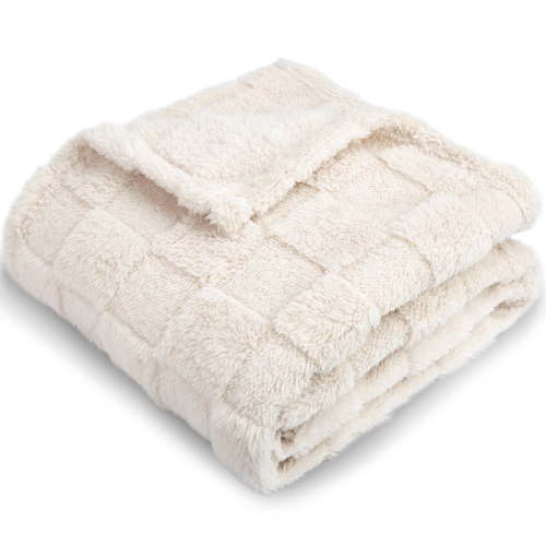 Soft Fuzzy Plush 3D Gingham Baby Blanket, Reversible Shaggy Cozy Decor, Perfect Gift for Toddlers, 30 x 40 Inches, Cream