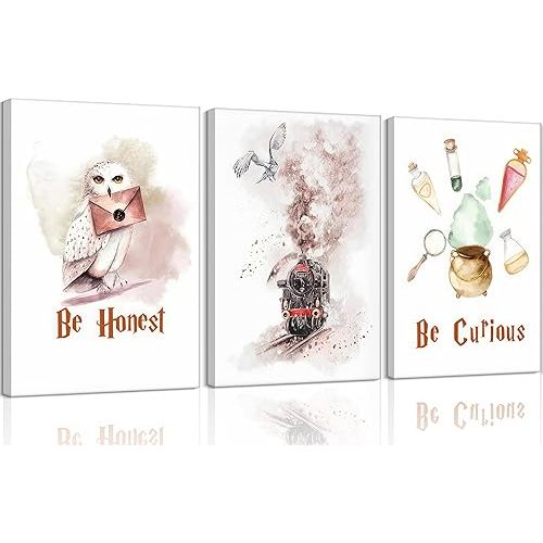 3Pcs Owl Express Train Magic Canvas Wall Art Vintage Watercolor Animal Painting Picture Wall Decor Magic Lovers Honest be Curious Poster Print Artwork for Dormitory Bedroom Nursery Home Decoration