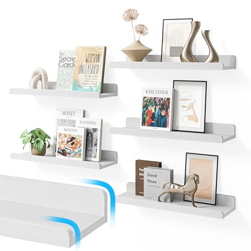 YUFLINX 16’’White Floating Shelves for Wall with Anti-Crash Design Set of 6,Nursery Book Shelves for Room Decor/Storage/Display,Hanging Wall Shelves for Bedroom, Bathroom, Living Room,Kids Room