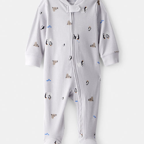 Grey Baby Penguin Print Cotton Long-Sleeve Sleeper - White | Carter’s Oshkosh Canada