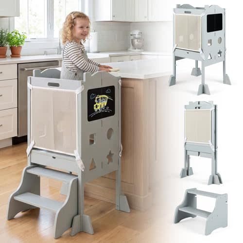 Costzon Folding 4-in-1 Toddler Step Stool with Chalkboards (Grey) | 2-Step Stool, Safety Nets & Anti-Tip Kitchen Feet, Wooden Learing Standing Toddler Tower Foldable for Boys & Girls Aged 2+