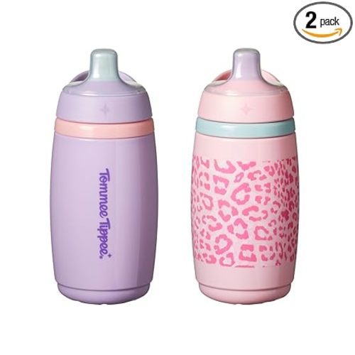 Tommee Tippee Active Spout Toddler Cups, 9 oz, Insulated Sippy Cups For Toddlers 1-3, Silicone Spout, Leak-Proof Valve and Handle, Pink and Purple, Pack of 2