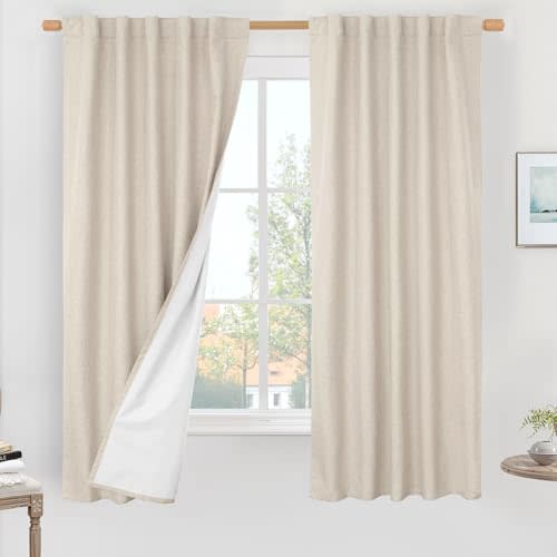 LAMIT Oatmeal 100% Blackout Linen Curtains 63 Inch Length 2 Panels | Linen Textured, Thermal Bedroom Curtains, Privacy, Short Window Panels, Rod Pocket Back Tab, with White Liner, 42 x 63 Inch