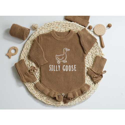 Ruffle Sweater Romper with Embroidered Silly Goose, Cotton Baby Bodysuit, Baby Shower Gift