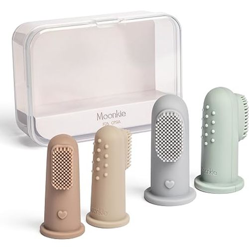 Moonkie Baby Toothbrush Finger Toothbrush Oral Cleaner Kit for 3 Months +, 4 Pcs Small (Sand/Warm Taupe)/Large (Blue/Mint)