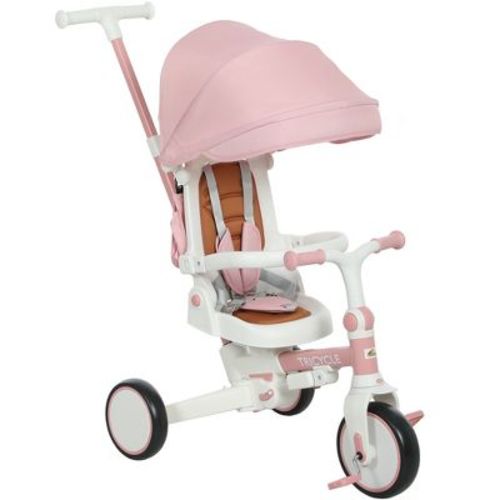 Qaba 7 in 1 Tricycle Stroller for Toddler 1-5 Years, Kids Tricycle with Adjustable Push Handle, Rotatable Seat, Removable Canopy, Pink