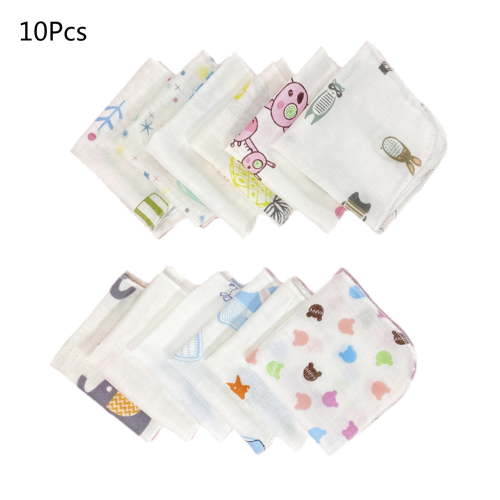 10Pcs Baby Washcloths Set Cute Cartoon Print Double Layer Gauze Infant Face Towel Reusable Wipes Absorbent Burp Cloth